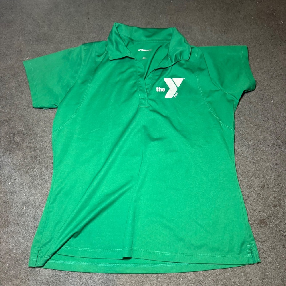 Sport-Tek YMCA Green Polo Shirt Womens Medium Short Sleeve V-Neck Performance